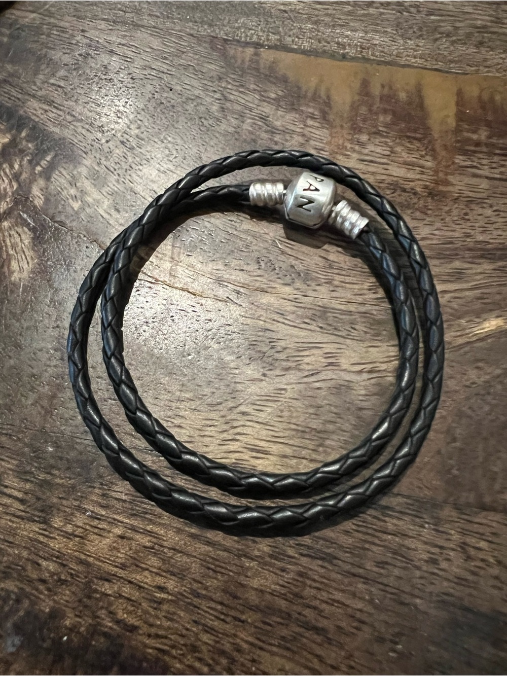 Pandora Black Braided Leather Double Wrap Bracelet with Silver Clasp